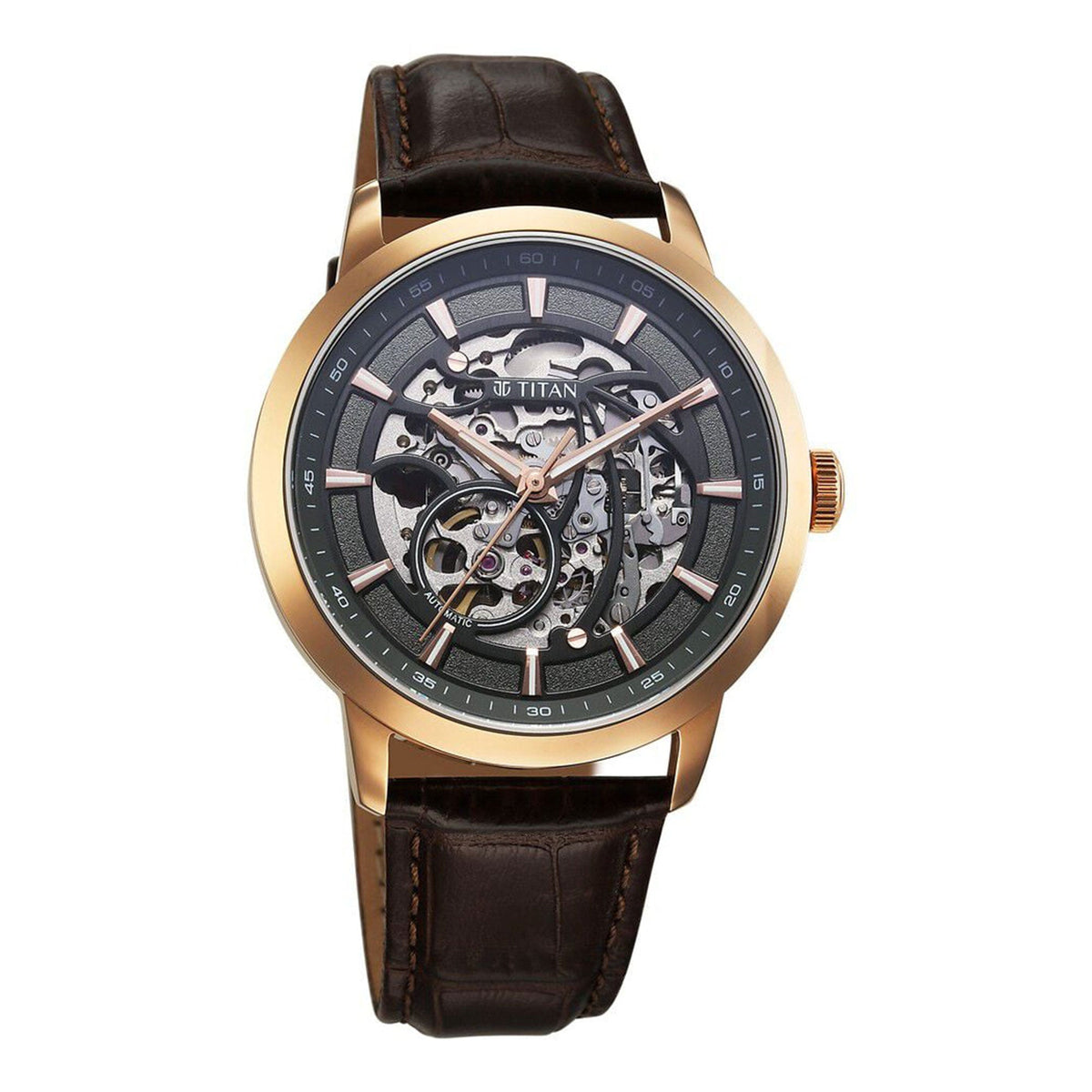 Titan Phoenix Skeletal Automatic Analog with Gun Dial Brown Leather Strap Watch for Men