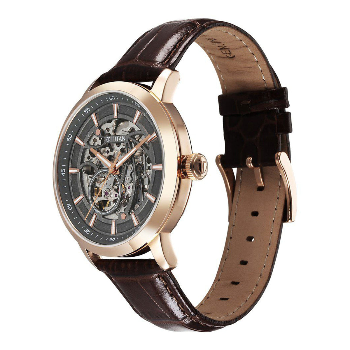 Titan Phoenix Skeletal Automatic Analog with Gun Dial Brown Leather Strap Watch for Men