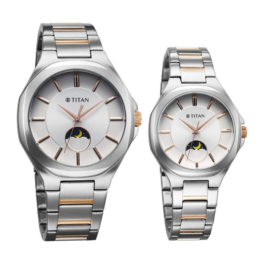 Titan Bandhan Silver Dial Two Toned Stainless Steel Strap Analog Watch for Couple