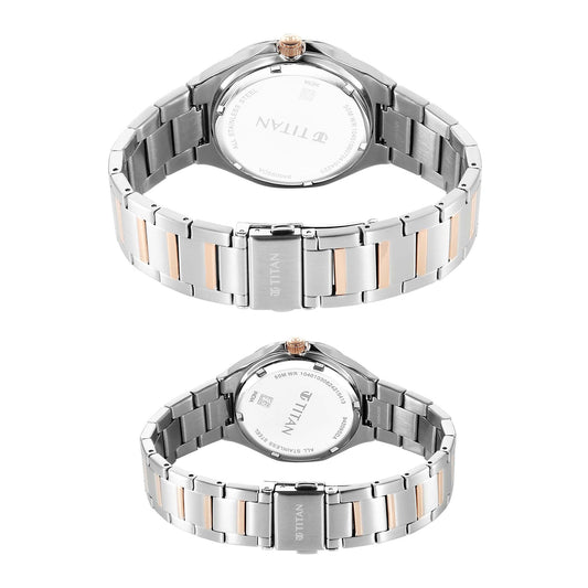 Titan Bandhan Silver Dial Two Toned Stainless Steel Strap Analog Watch for Couple