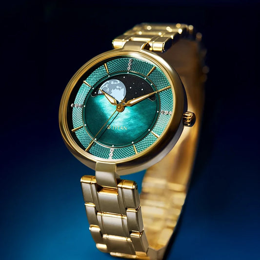 Titan Green Dial Gold Stainless Steel Strap Analog with Moon Phase Watch For Women
