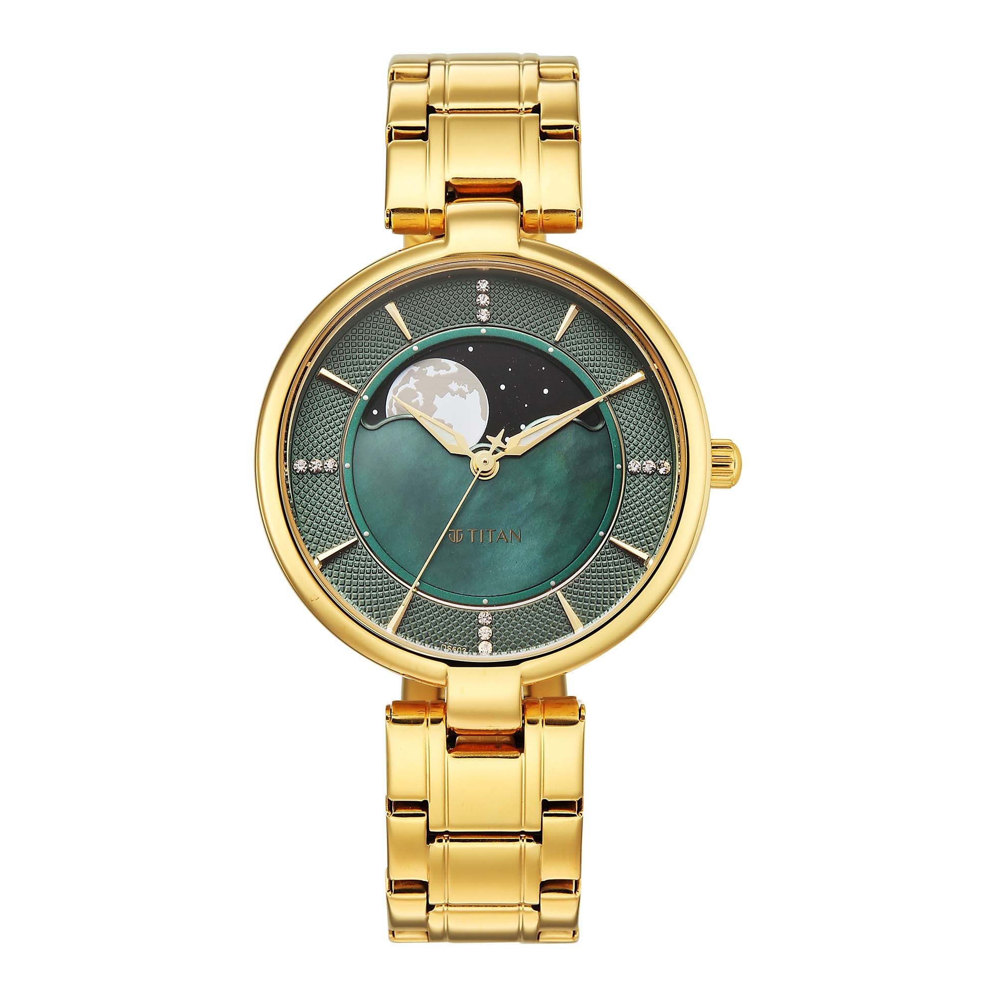 Titan Green Dial Gold Stainless Steel Strap Analog with Moon Phase Watch For Women