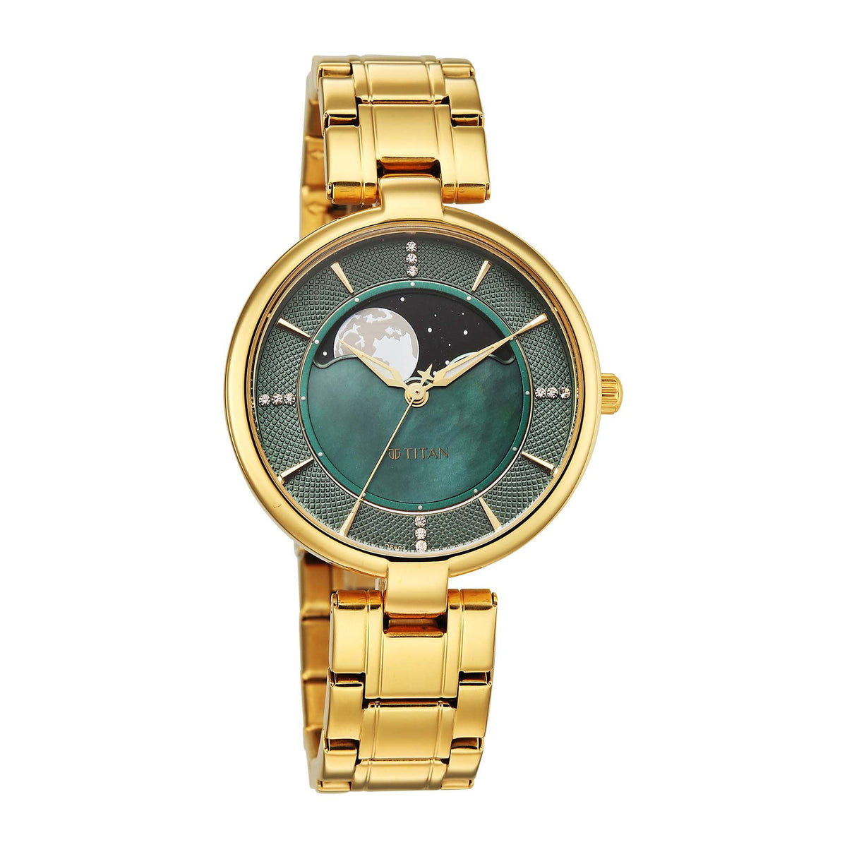 Titan Green Dial Gold Stainless Steel Strap Analog with Moon Phase Watch For Women