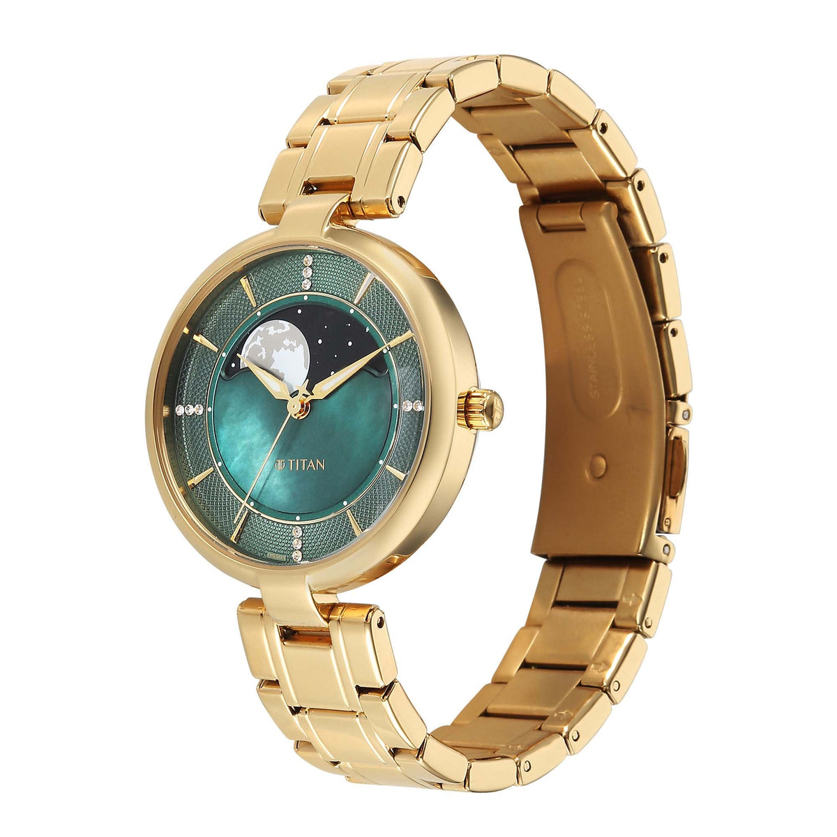 Titan Green Dial Gold Stainless Steel Strap Analog with Moon Phase Watch For Women