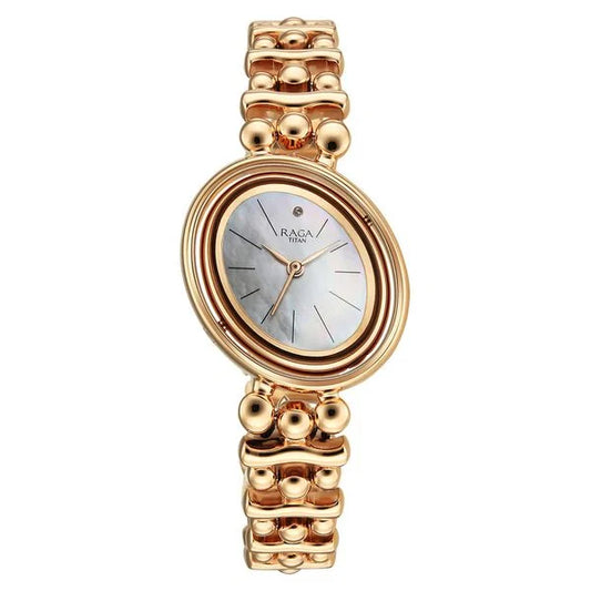 Titan Raga Glimmers Mother of Pearl Dial Rose Gold Metal Strap Analog Watch for Women