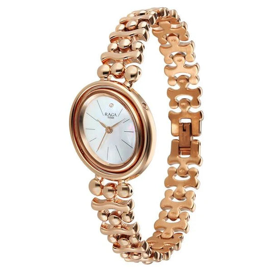 Titan Raga Glimmers Mother of Pearl Dial Rose Gold Metal Strap Analog Watch for Women