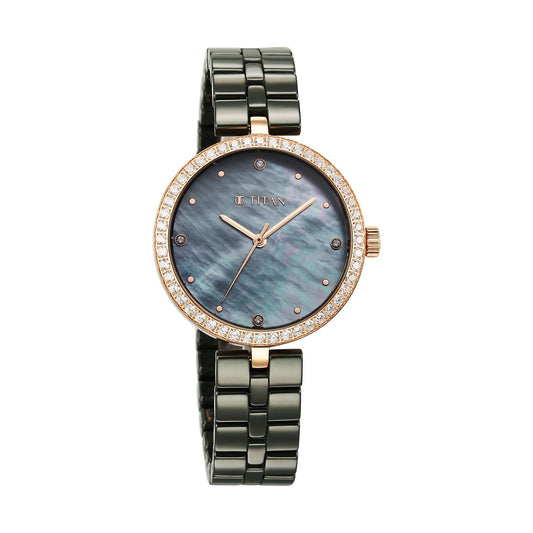 Titan Purple Ceramics Quartz Alog Mother of Pearl Dial Green Ceramic Strap Watch For Women (95215KC04)