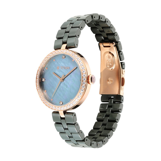 Titan Purple Ceramics Quartz Alog Mother of Pearl Dial Green Ceramic Strap Watch For Women (95215KC04)