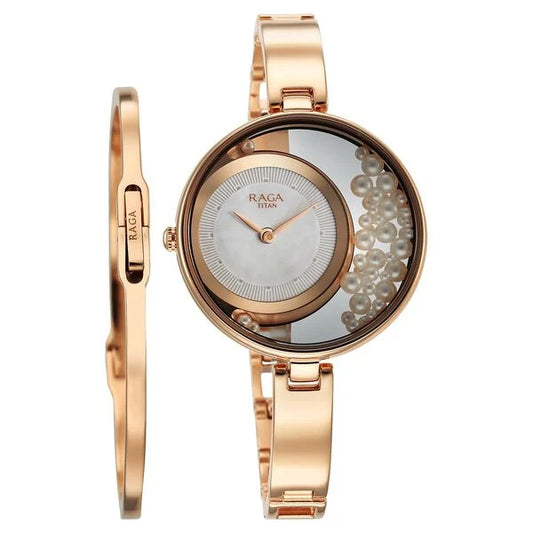 Titan Raga Special White Dial with Loose Pearls Metal Strap Analog Watch for Women