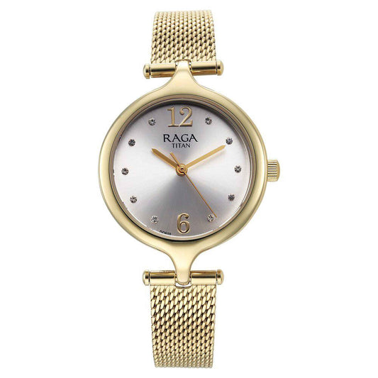 Titan Raga Showstopper Quartz Analog Silver Dial Golden Metal Strap Watch For Women