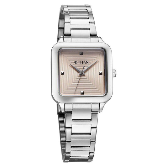 Titan Workwear Beige Square Dial Silver Stainless Steel Strap Analog Watch for Women