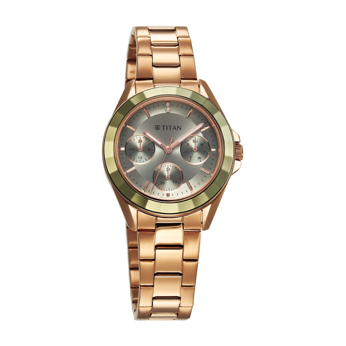 Titan Glamour Quartz Multifunction Green Dial Rose Gold Stainless Steel Strap Watch For Women