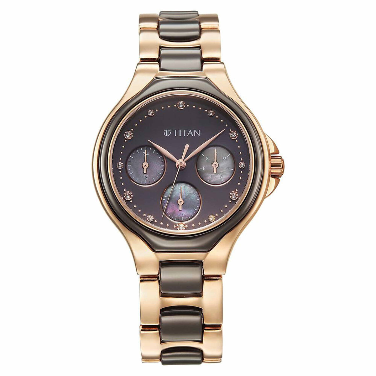 Titan Glamour Quartz Multifunction Grey Dial Two Toned Steel & Ceramic Strap Watch For Women