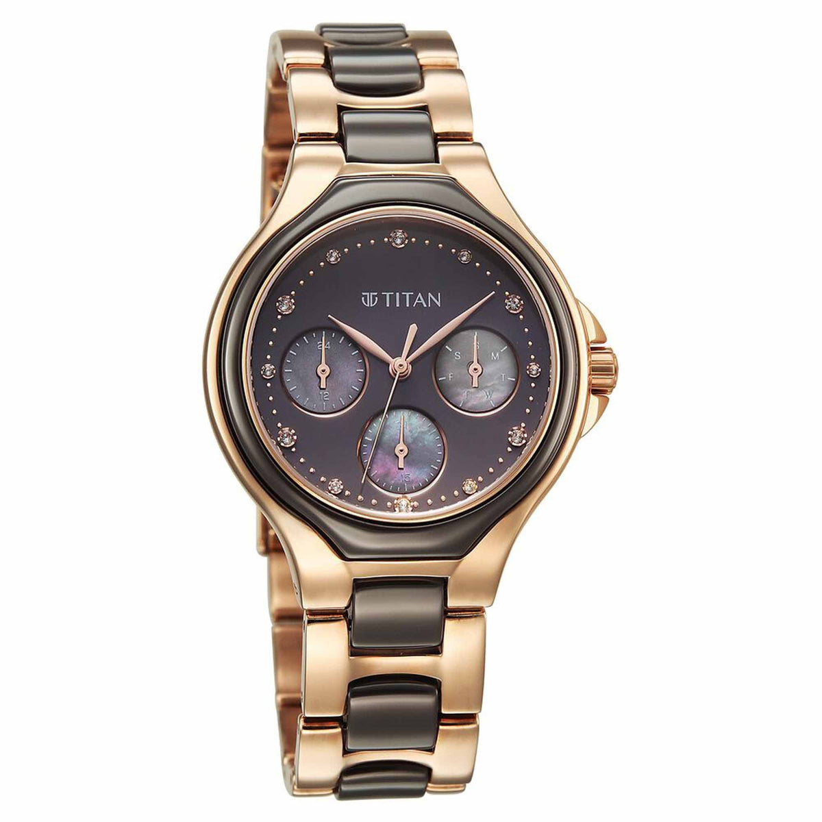 Titan Glamour Quartz Multifunction Grey Dial Two Toned Steel & Ceramic Strap Watch For Women