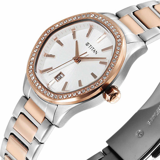 Titan Glamour Quartz Analog with Date Silver Dial Two Toned Stainless Steel Strap Watch For Women
