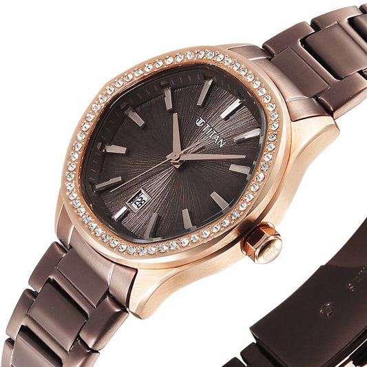Titan Glamour Quartz Analog with Date Brown Dial Brown Stainless Steel Strap Watch For Women