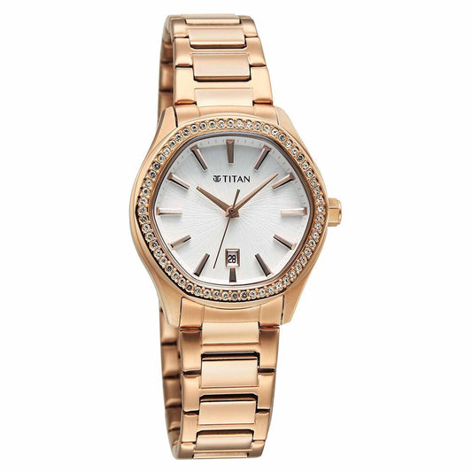 Titan Glamour Quartz Analog with Date Silver Dial Rose Gold Stainless Steel Strap Watch For Women