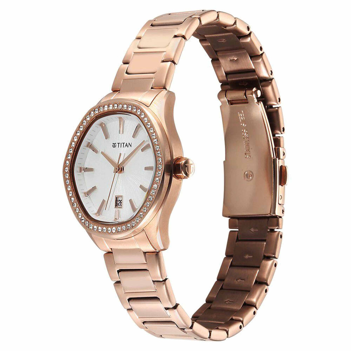 Titan Glamour Quartz Analog with Date Silver Dial Rose Gold Stainless Steel Strap Watch For Women