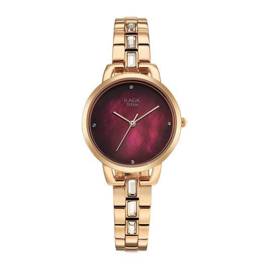 Titan Raga Glimmers Maroon Mother of Pearl Dial Rose Gold Metal Strap Analog Watch for Women