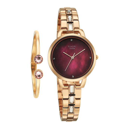 Titan Raga Glimmers Maroon Mother of Pearl Dial Rose Gold Metal Strap Analog Watch for Women