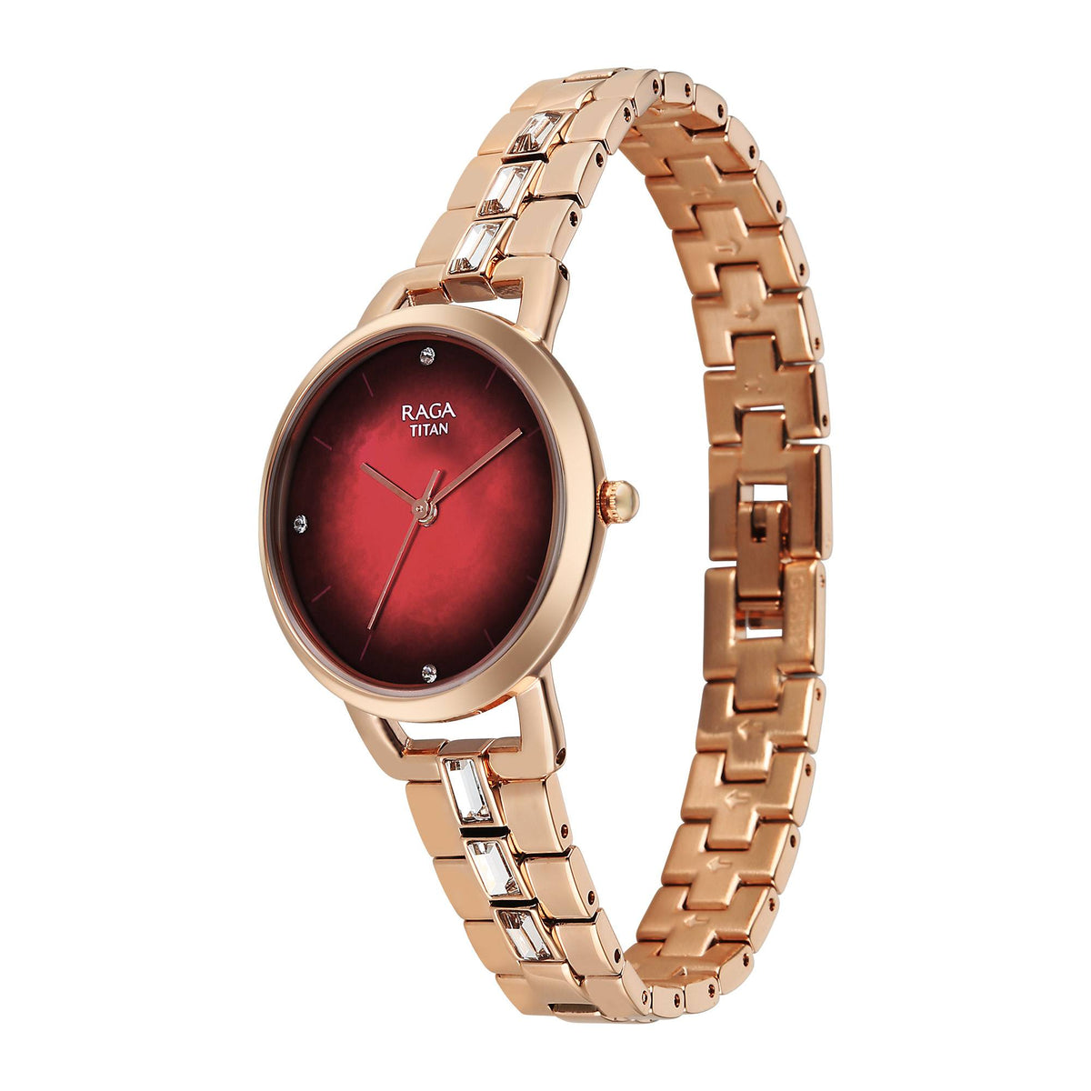 Titan Raga Glimmers Maroon Mother of Pearl Dial Rose Gold Metal Strap Analog Watch for Women
