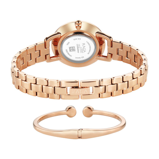 Titan Raga Glimmers Maroon Mother of Pearl Dial Rose Gold Metal Strap Analog Watch for Women