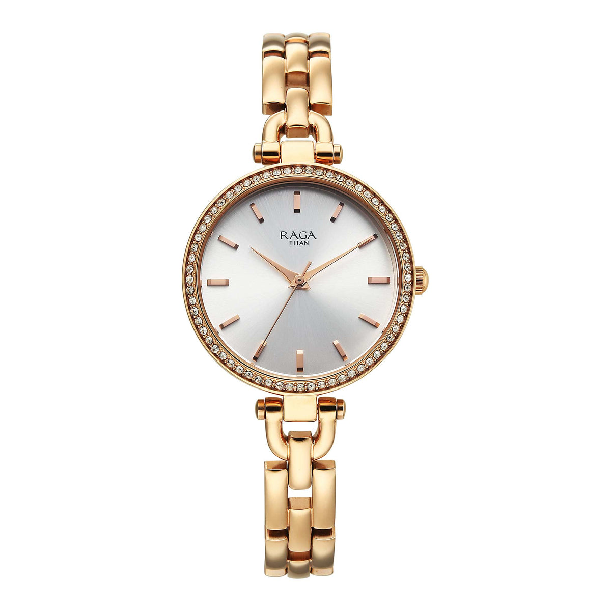 Titan Raga Showstopper Silver Dial Rose Gold Metal Strap Analog Watch for Women