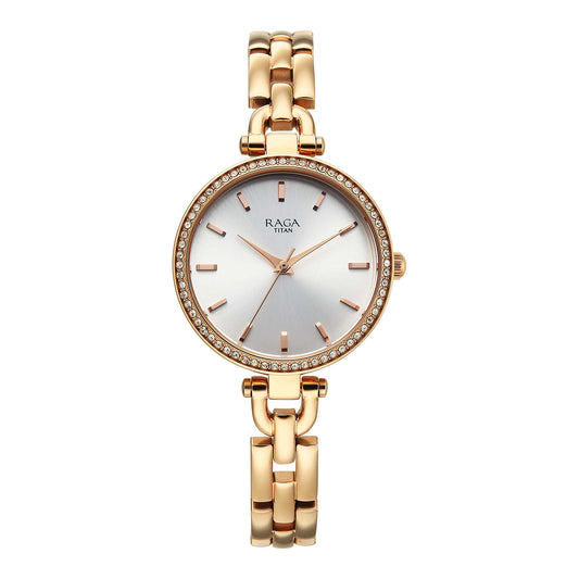 Titan Raga Showstopper Silver Dial Rose Gold Metal Strap Analog Watch for Women