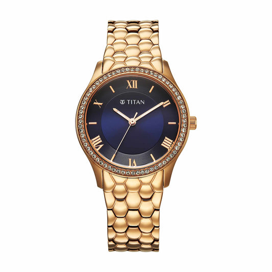 Titan Titan Glamour V Quartz Blue Dial Rose Gold Strap Watch For Ladies