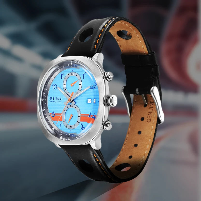 Titan Racecraft Blue Dial Black Leather Strap Chronograph Watch for Men