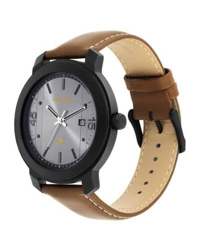 Fastrack Bare Basics Quartz Analog with Date Grey Dial Leather Strap Watch for Guys 3246NL01