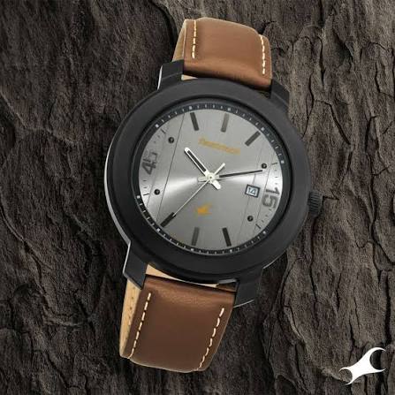 Fastrack Bare Basics Quartz Analog with Date Grey Dial Leather Strap Watch for Guys 3246NL01