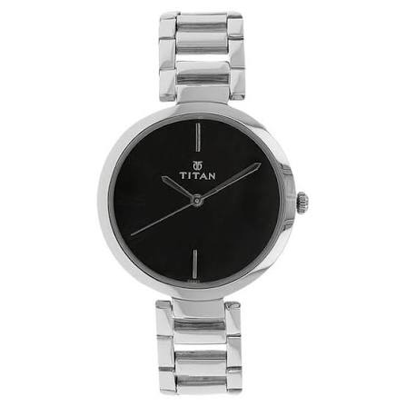 Titan Quartz Analog Black Dial Stainless Steel Strap Watch for Women 2480SM02