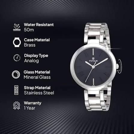 Titan Quartz Analog Black Dial Stainless Steel Strap Watch for Women 2480SM02