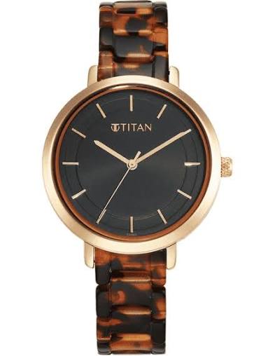 Titan Brown Acetate Quartz Analog Black Dial Brass & Acetate Strap Watch for Women