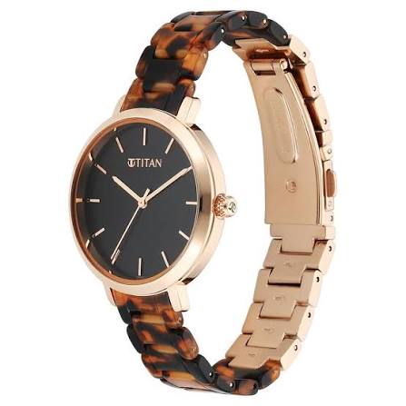 Titan Brown Acetate Quartz Analog Black Dial Brass & Acetate Strap Watch for Women