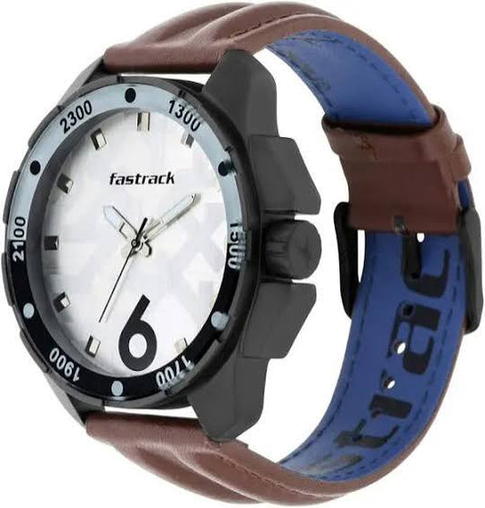 Fastrack Hitlist Quartz Analog White Dial Leather Strap Watch for Guys