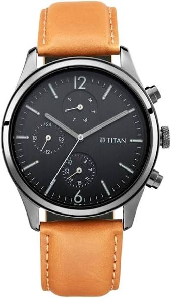 Titan Quartz Multifunction Black Dial Leather Strap Watch for Men 1805NL02
