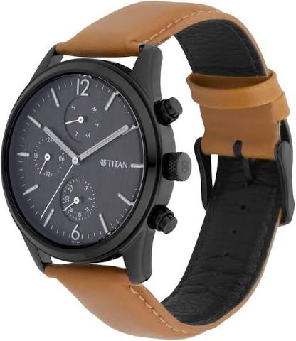 Titan Quartz Multifunction Black Dial Leather Strap Watch for Men 1805NL02