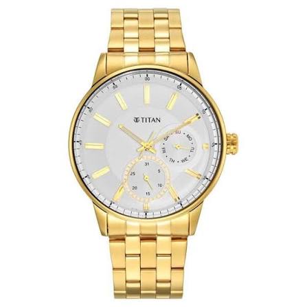 Titan Quartz Analog White Dial Stainless Steel Strap Watch for Men 9441YM01