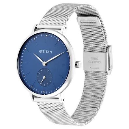 Titan Slimline Quartz Analog Offset Second Hand Blue Dial with Mesh Strap Watch for Women